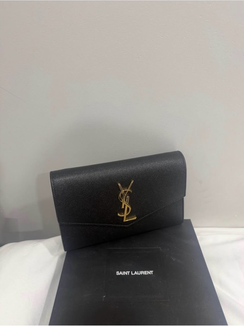 Saint Laurent Black Leather Envelope Wallet with Gold YSL